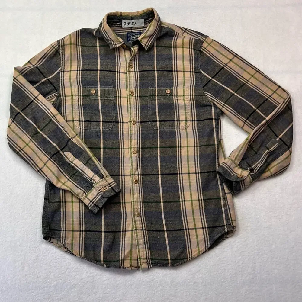 J. Crew Shirt Mens Long Sleeve Button Down Medium Beige Black Flannel Plaid